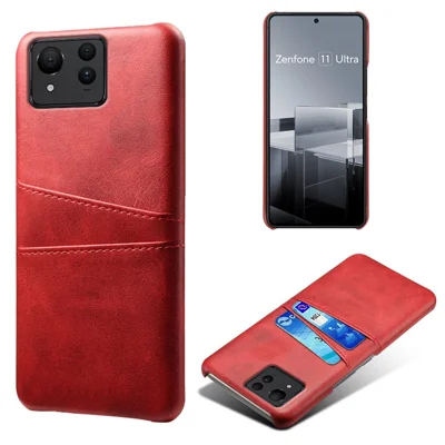 For Asus Zenfone 11 Ultra 5G Case Leather Coated PC Phone Cover with 2 Card Slots - Red
