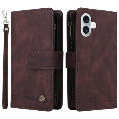 For iPhone 16 Plus Case Zipper Pocket Leather Flip Phone Cover with Hand Strap - Brown