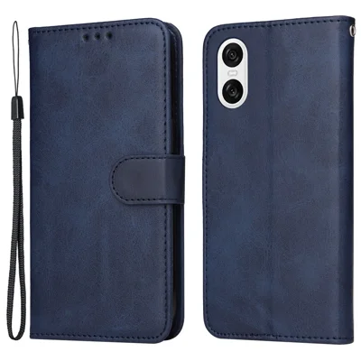Voor Sony Xperia 10 VI hoesje Kalfsstructuur Lederen Portemonnee met Kaartslots Anti-val Beschermhoes - Blauw