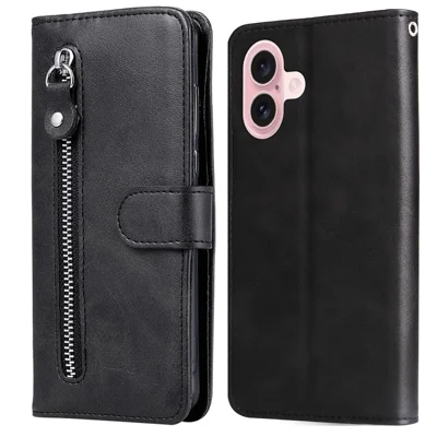 For iPhone 16 Case Zipper Pocket Wallet Shockproof PU Leather Phone Cover - Black
