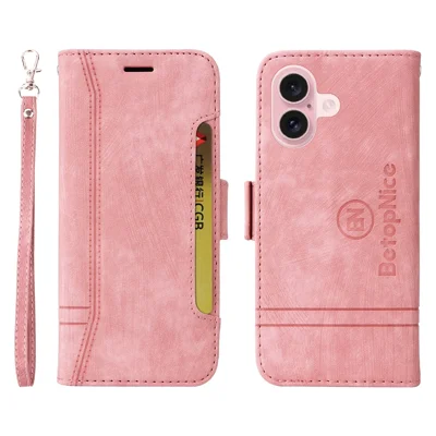 BETOPNICE 001 for iPhone 16 Case Leather Phone Cover Handbag Flip Stand Protective - Pink