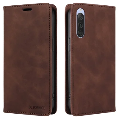 BETOPNICE 003 For Sony Xperia 10 V Case Leather Flip Phone Cover Viewing Stand, Magnetic Close - Brown
