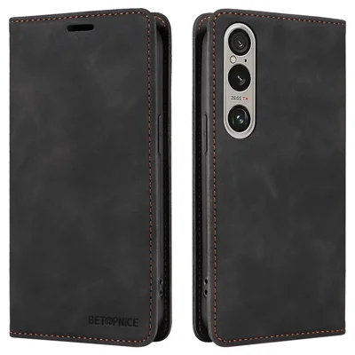 BETOPNICE 003 For Sony Xperia 1 VI Case RFID Blocking Leather Phone Cover Strong Magnetic - Black