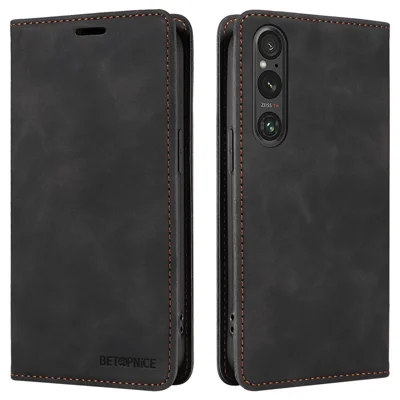 BETOPNICE 003 Voor Sony Xperia 1 V Hoesje Magnetische Auto-Aangetrokken Leren Telefoonhoes - Zwart
