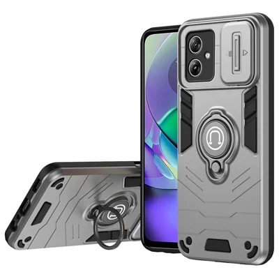 Voor Motorola Moto G54 5G hoesje PC+TPU met standaard en schuifbare lensafdekking - Grijs