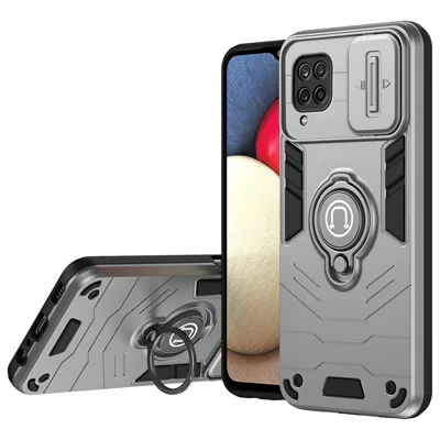 For Samsung Galaxy A12 Case Slide Camshield Kickstand PC+TPU Phone Cover - Grey