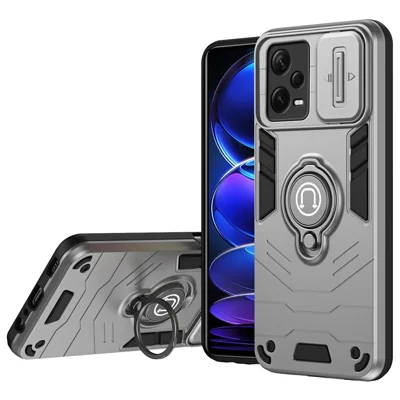 For Xiaomi Redmi Note 12 Pro+ 5G Case Slide Lens Protection PC+TPU Phone Cover Ring Holder - Grey