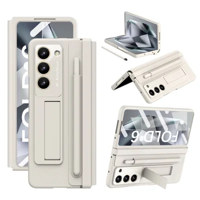 For Samsung Galaxy Z Fold6 5G Case Hinge Protection Leather Back Cover with Front Screen Film / Stylus - Milk White
