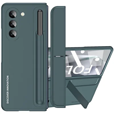 For Samsung Galaxy Z Fold6 5G Case Hidden Kickstand Hard PC Phone Cover with Screen Film / Stylus - Green