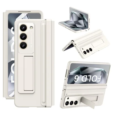 For Samsung Galaxy Z Fold6 5G Case Hinge Leather+PC Kickstand Phone Cover with Tempered Glass Film - Beige