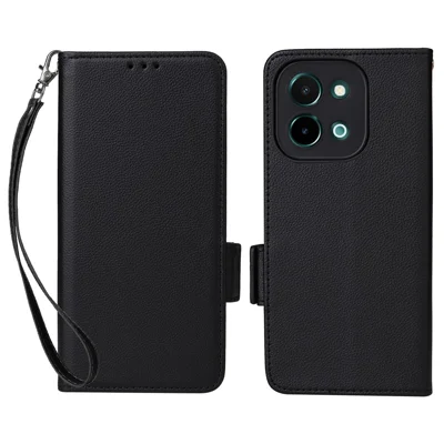 For vivo Y28 4G Case with Wrist Strap Litchi Texture PU Leather Wallet Phone Cover - Black