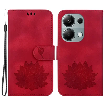 For Xiaomi Redmi Note 13 Pro 4G / Poco M6 Pro 4G Case Lotus Pattern Leather Phone Cover with Card Slots - Red