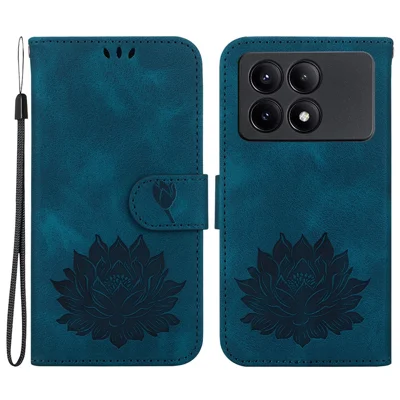 For Xiaomi Redmi K70E 5G / Poco X6 Pro 5G Case Leather Phone Cover Stand Hand Strap Lotus Pattern - Blue
