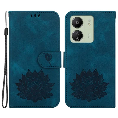 For Xiaomi Redmi 13C 4G / 5G / 13R 5G / Poco M6 5G / C65 4G Case Leather Lotus Stand Phone Cover - Blue