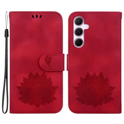 For Samsung Galaxy A55 5G Case Wallet Stand Lotus Pattern Leather Phone Cover - Red