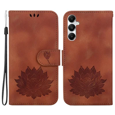 For Samsung Galaxy A35 5G Case Lotus Pattern Leather Phone Cover with Strap - Brown