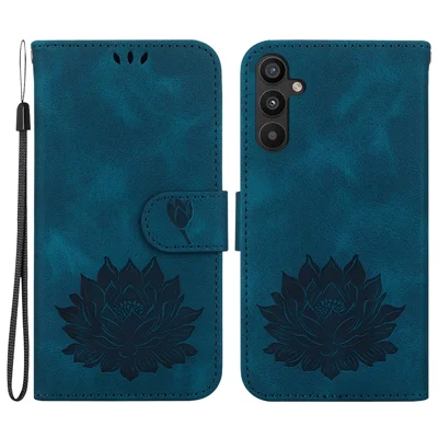 For Samsung Galaxy A15 4G / 5G Leather Case Lotus Pattern Wallet Stand Phone Cover - Blue