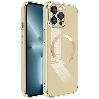 For iPhone 15 Pro Max TPU Case Electroplating Magnetic Phone Cover with Lens Protector - Gold
