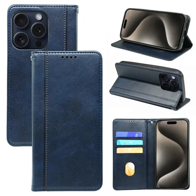 For iPhone 14 Pro Max Case Calf Texture Leather Magnetic Closing Phone Wallet Cover - Blue