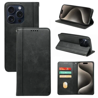 For iPhone 15 Pro Case Calf Texture PU Leather Wallet Stand Phone Cover - Black