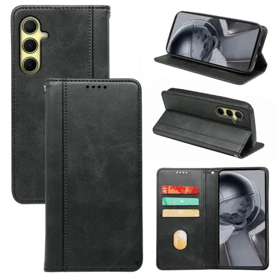 For Samsung Galaxy M15 5G / F15 5G Case Calf Texture Leather Phone Cover with Card Slots - Black