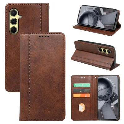 For Samsung Galaxy A55 5G Card Slots Case Calf Texture PU Leather Phone Cover - Brown
