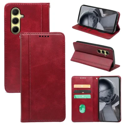 For Samsung Galaxy S24 Card Slots Case Calf Texture PU Leather Phone Cover - Red