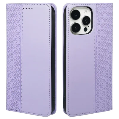 For iPhone 13 Pro Case Four-Leaf Clover Imprinted Leather Folio Phone Cover - Light Purple