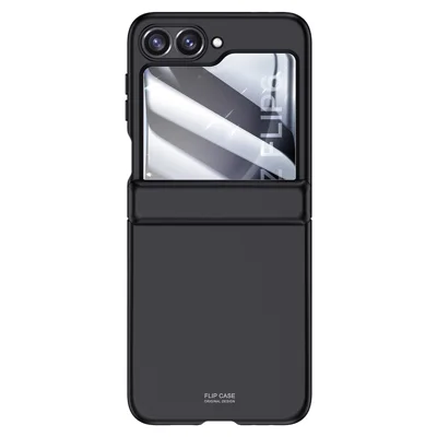 For Samsung Galaxy Z Flip7 FE 5G / Z Flip6 5G Case Hinge Protection PC  Phone Cover with Tempered Glass Rear Screen Film - Black