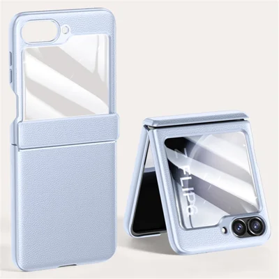 For Samsung Galaxy Z Flip7 FE 5G / Z Flip6 5G Case Leather+PC Hinge Design Phone Cover with Rear Screen Film - Purple