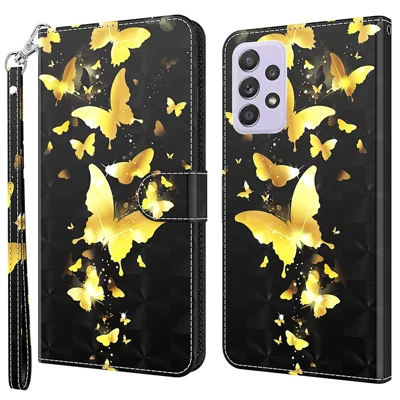 Funda tipo cartera con diseño 3D para Samsung Galaxy A23 5G (versión global) / 4G, carcasa magnética de cuero PU con soporte abatible, protección completa con correa - Mariposas doradas