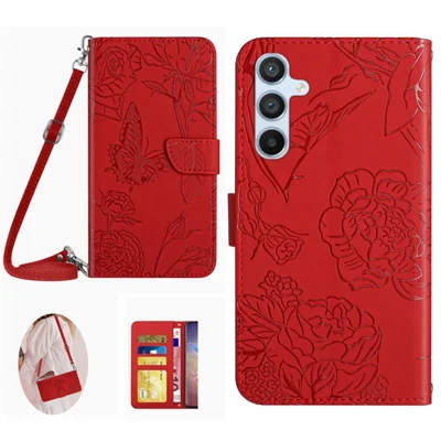 HT03 For Samsung Galaxy S24 FE Case Butterfly Flowers Leather Phone Cover with Shoulder Strap - Red
