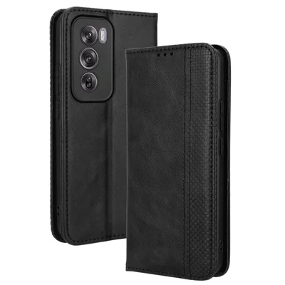 Fodral för Oppo Reno12 5G (Global) i PU-läder med retrostil, magnetisk stängning, stötsäkert mobilskal - Svart