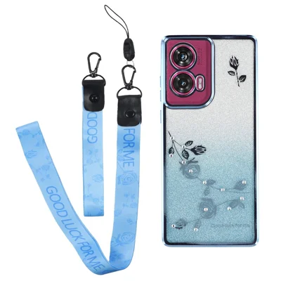 KADEM For Motorola Edge 50 Fusion 5G TPU Case Flower Glitter Phone Cover with Lanyard - Blue