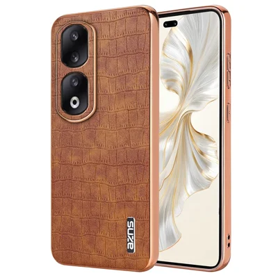 AZNS For Honor 90 Pro Case PU Leather+TPU Electroplating Phone Cover - Brown