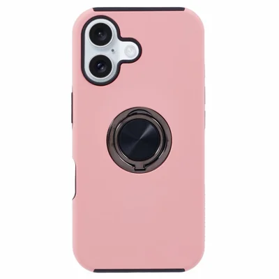 For iPhone 16 Plus Case PC+TPU Phone Cover with Rotatable Ring Holder - Rose Gold