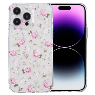 For iPhone 16 Pro Case Transparent Edge TPU Phone Cover Pattern Printing - Pink Flower