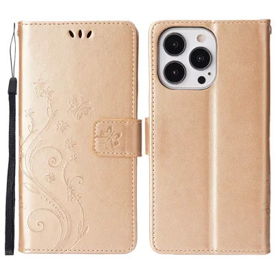 For iPhone 16 Pro Max Case Leather Phone Cover Butterfly Flower Pattern - Gold