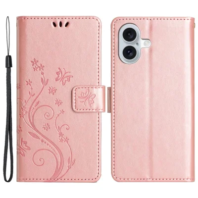 For iPhone 16 Plus Case Wallet PU Leather Butterfly Floral Phone Cover with Strap - Rose Gold