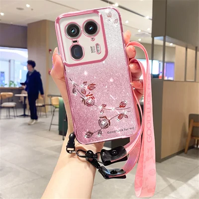 KADEM For Motorola Edge 50 Ultra 5G / Moto X50 Ultra 5G Case Floral Pattern TPU Phone Cover with Lanyard - Rose Gold