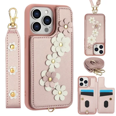 SY-001 For iPhone 15 Pro Case Card Slots Leather Coated TPU Flower Phone Cover - Pink