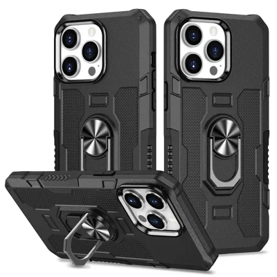 For iPhone 13 Pro 6.1 inch Anti-fall Phone Case Kickstand Anti-scratch PC + TPU Hybrid Back Cover with Ring Holder Built-in Metal Sheet - Black