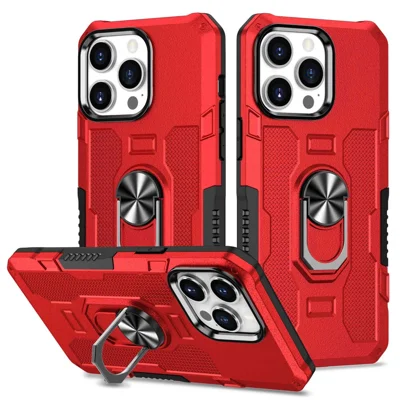 For iPhone 13 Pro 6.1 inch Anti-fall Phone Case Kickstand Anti-scratch PC + TPU Hybrid Back Cover with Ring Holder Built-in Metal Sheet - Red