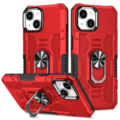 For iPhone 13 6.1 inch Anti-fall Phone Case Kickstand PC + TPU Hybrid Phone Back Cover with Ring Holder Built-in Metal Sheet - Red