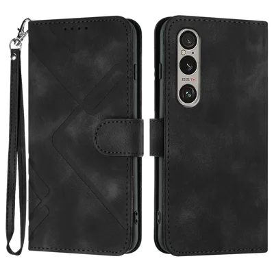 YX0040 For Sony Xperia 1 VI Case with Hand Strap Geometry Leather Phone Cover - Black