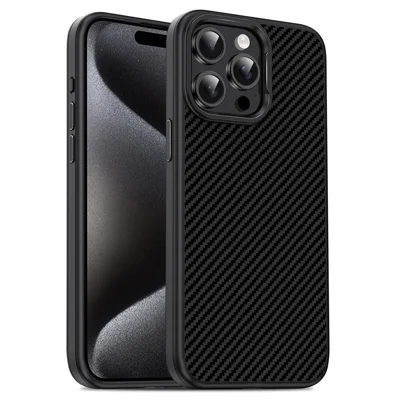 IPAKY For iPhone 15 Pro Max TPU Back Case Carbon Fiber Texture Phone Cover - Black