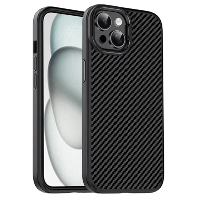 IPAKY For iPhone 13 Shockproof Case Carbon Fiber Texture TPU Phone Cover - Black