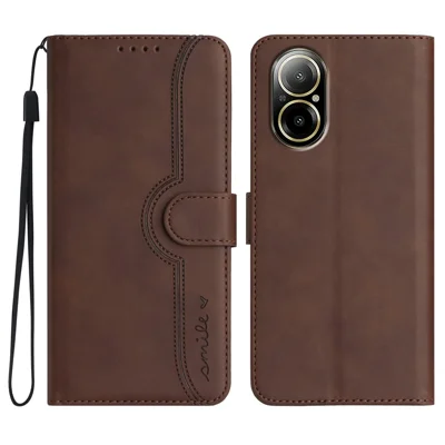 YX0030 For Realme C67 4G Wallet Case PU Leather Phone Cover Smile Imprinted - Coffee
