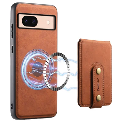 DENIOR D14 For Google Pixel 8a Kickstand Case Card Holder Phone Cover Magnetic Case - Brown