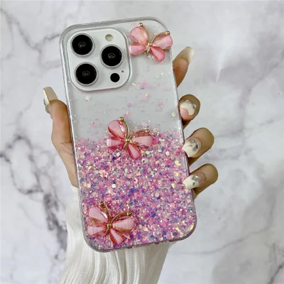 For iPhone 14 Pro Max Case 3D Butterflies Epoxy TPU Phone Cover Luminous Effect - Luminous Pink